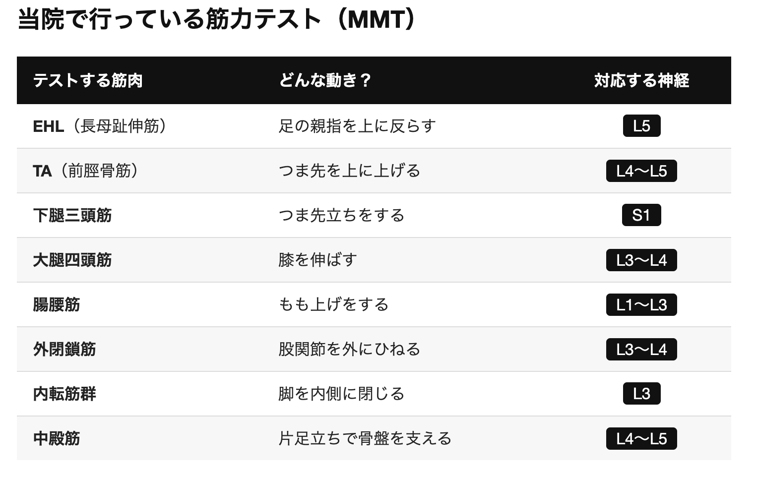 当院で行っている筋力テストの一覧
